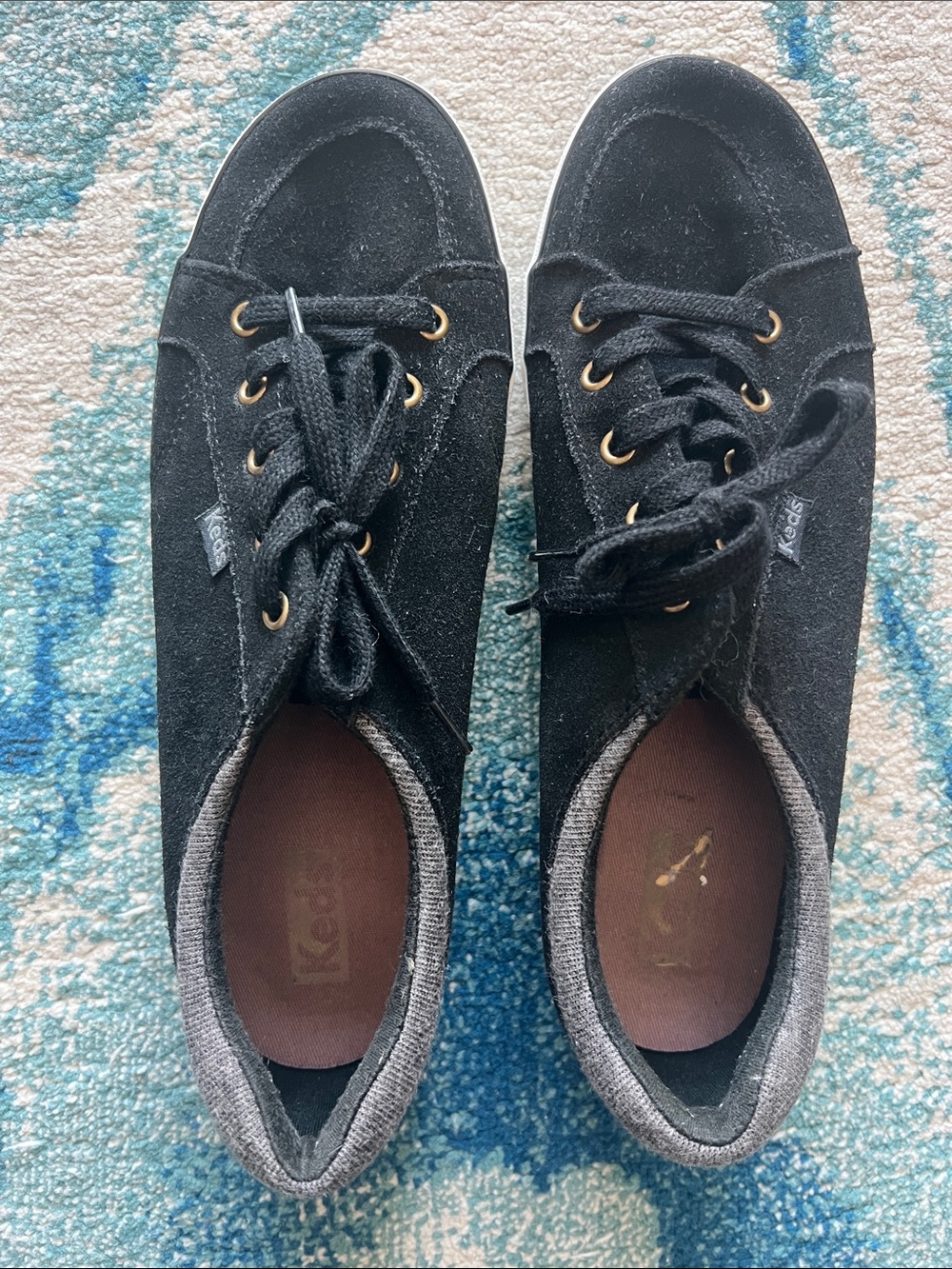 Keds Black Suede Low-Top Lace-Up Sneakers with Gold Eyelets